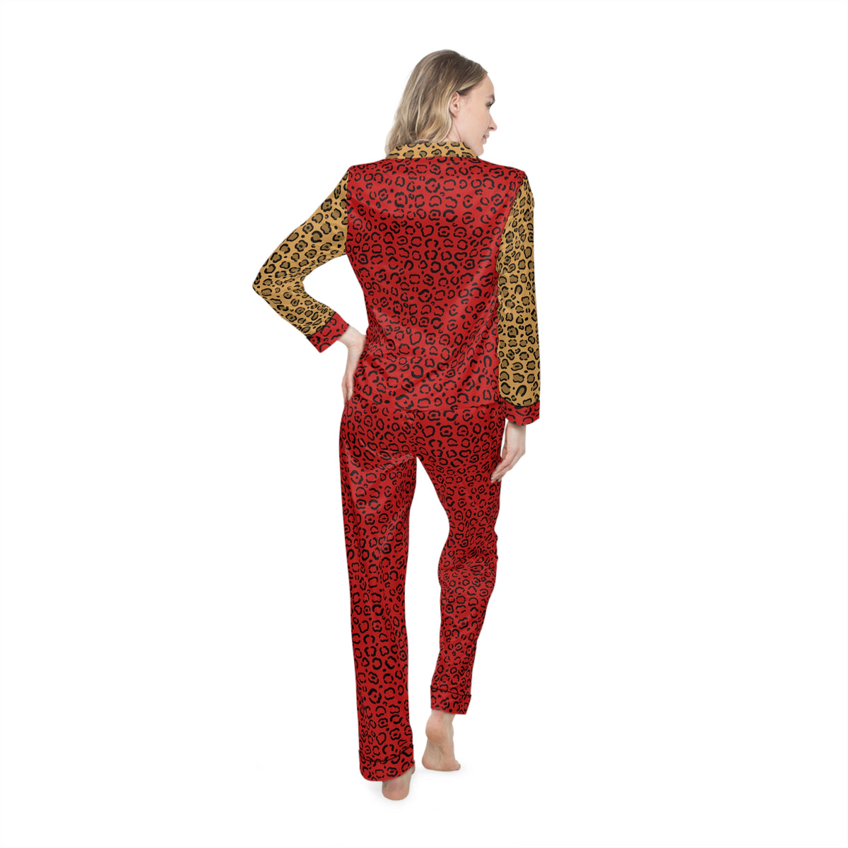 Red Leopard Print Constrast Sleeves Women's Satin Pajamas