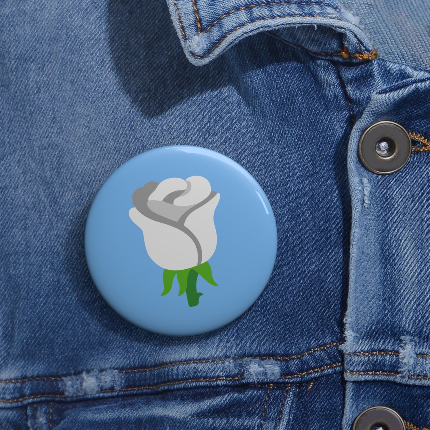 White Rose Emoji on Blue Pin Button