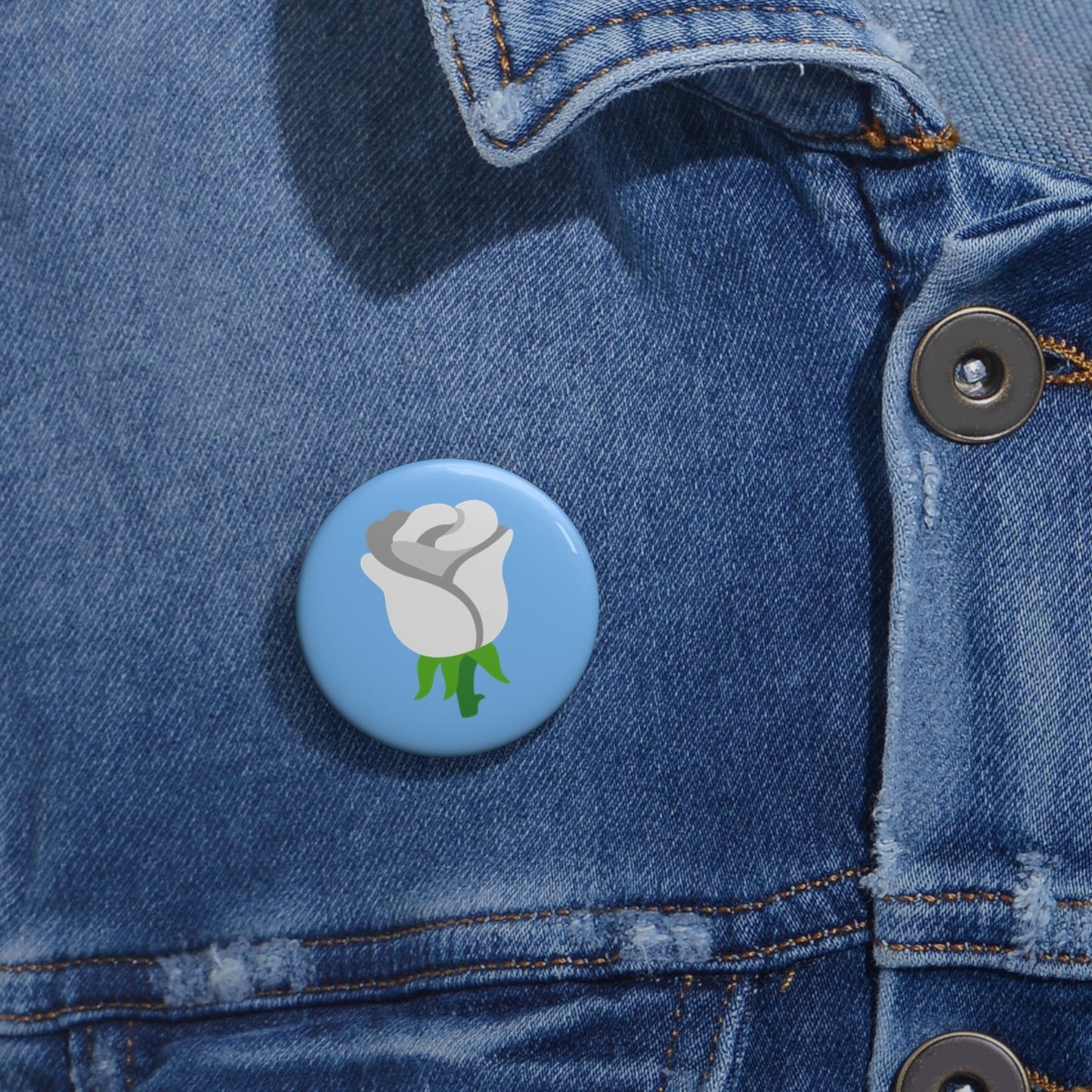 White Rose Emoji on Blue Pin Button