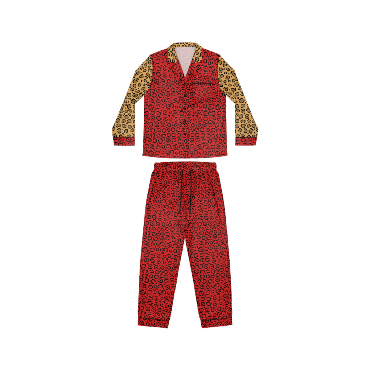 Red Leopard Print Constrast Sleeves Women's Satin Pajamas