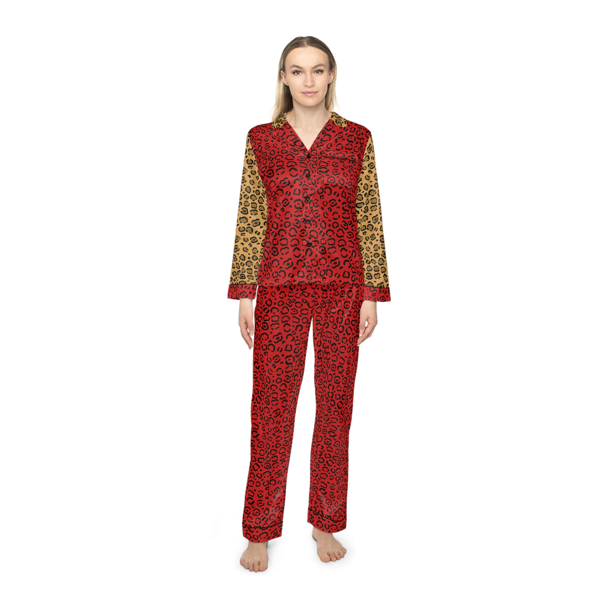 Red Leopard Print Constrast Sleeves Women's Satin Pajamas