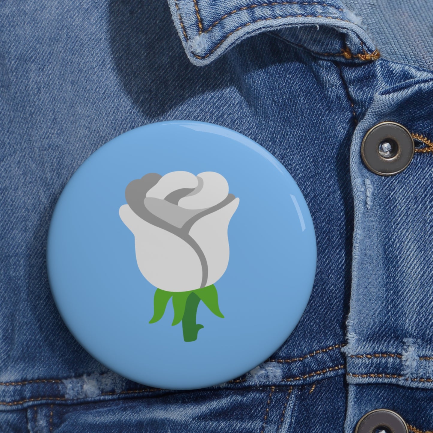 White Rose Emoji on Blue Pin Button